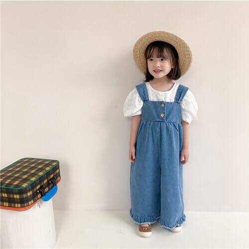 Spring Girls Overalls Solid Color Denim Overalls For Baby Girls Korean style Children Loose Casual Suspender Trousers