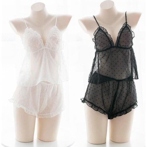 Japanese Cute Soft Cute Lace Wave Point Perspective Underwear Two-piece Kawaii Fun Transparent Home Camisole Set Cute Lingerie