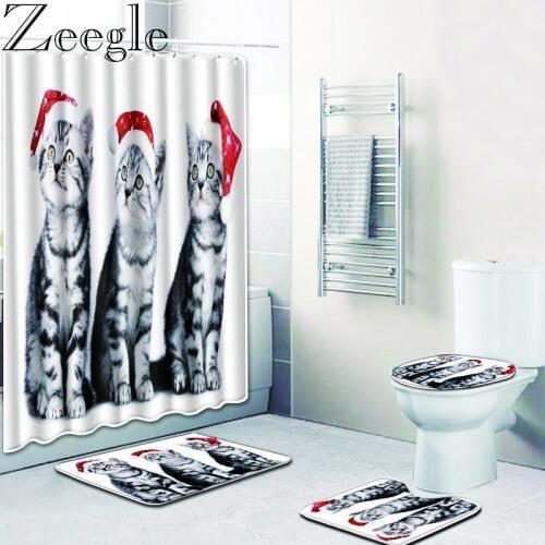 Zeegle 4 Pcs Per Set Cat Shower Curtain Bath Mat Toilet Pad Set Anti-slip Toilet Floor Carpet Flannel Bath Mat
