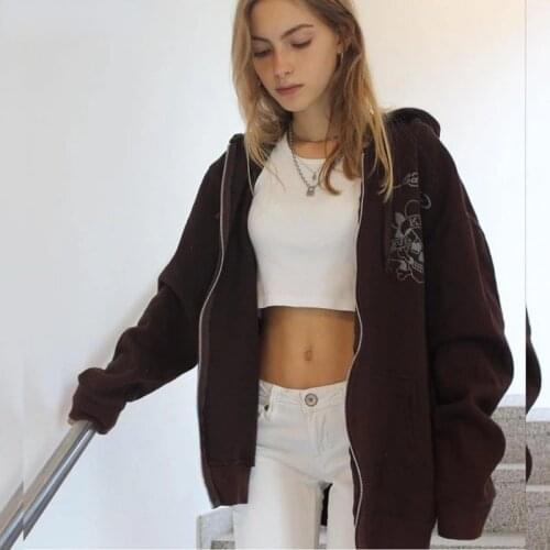 Zip Up Sweatshirt Y2K Skull Winter Jacket Clothes Oversize Hoodies Women Plus Size Vintage Brown Pockets Long Sleeve Pullovers