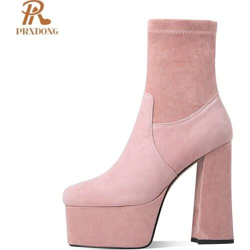 2021 High Heels Womens Boots Female Thick Platform Shoes Flock Ankle Boots Concise Solid Women Shoes Pink Black Autumn Winter