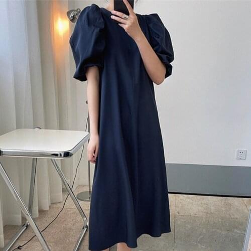 2021 New Summer Fashion Ladies Dress Loose Puff Sleeve High Quality Women Dresses Solid Color Casual Elegant Female Dress T54