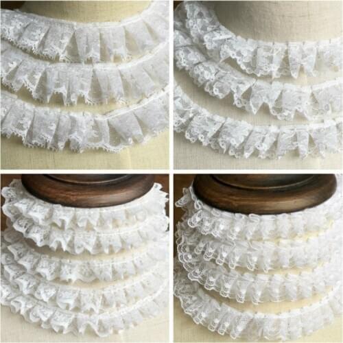 1.5-2.5CM Wide White Pleated Sequence Lace Fabric Elastic Lace Trim Ribbon Toy Dolls Clothing Collar Dress DIY Sewing Guipure
