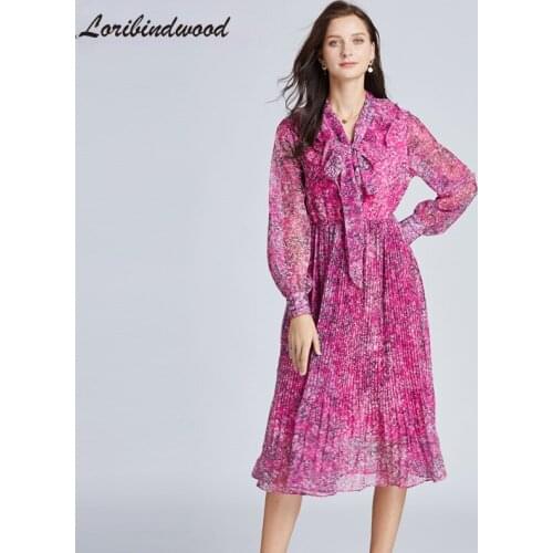 2021 Fall Purple Flower Dress Women Long lantern Sleeve Ruffles Bow Tie Collar Elastic Waist Beach Chiffon Pleated Long Vestidos