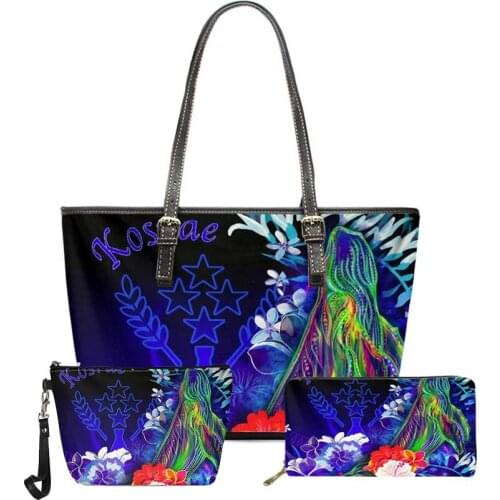 3pcs Kosrae Handbags Polynesia Hibiscus Turtle Pattern Women Bag Set Leather Shoulder Totes Famous Brands Purse Bolsa for Ladies