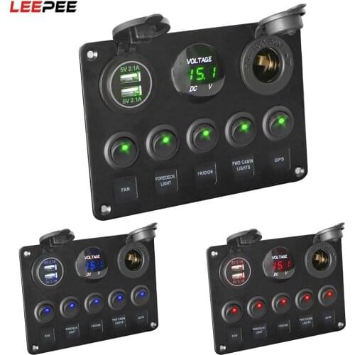 Car Marine Boat LED Rocker Switch Panel Waterproof Digital Voltmeter Dual USB Port 12V Outlet Combination