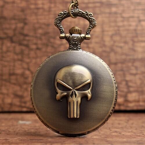 Cool Bronze The Punisher Black Skull Roman Numerals Dial Quartz Pocket Watch Pendant Chain Mens Boys Gift Relogio Masculino
