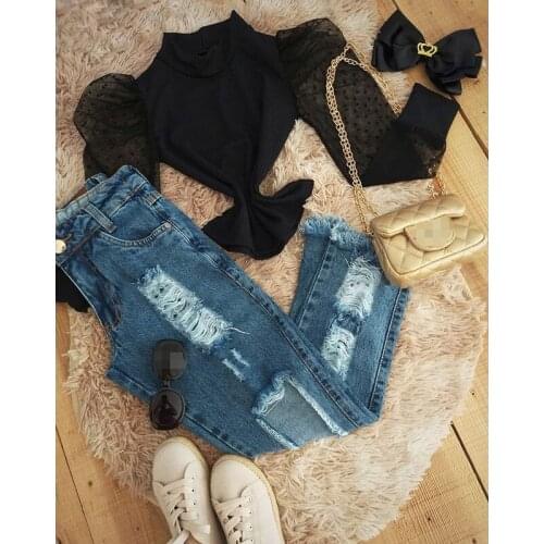 FOCUSNORM 2pcs Fashion Toddler Girls Clothes Sets 2-7Y Dot Mesh Long Sleeve Knit T Shirts Tops Ripped Jeans with Pockets