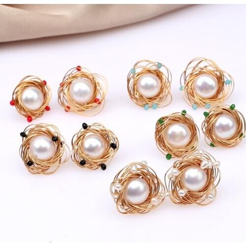 Refined pure handmade gold filled cultured 9-10mm fresh water real pearl ear rings modern safe 925 silver stud pearl earring
