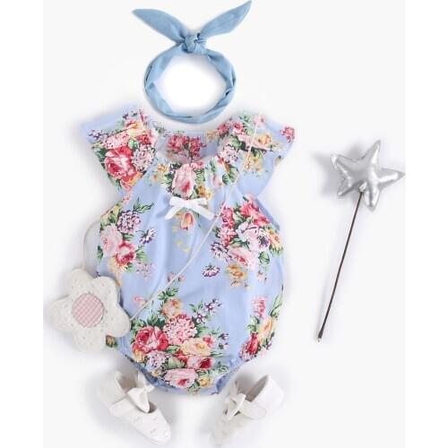 Summer New Arrival Toddler Girls Short Sleeve Breathable Blue Rompers Newborn Baby Girls Soft Cotton Cute Floral Print Bodysuit
