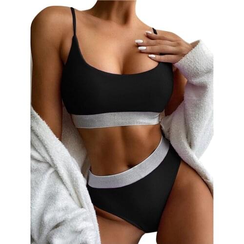 High Waist Bikinis Set Push Up Padded Swimsuits Bandeau Swimwear Women Splicing Biquini Beachwear Sports Ribbed Bathing Suits