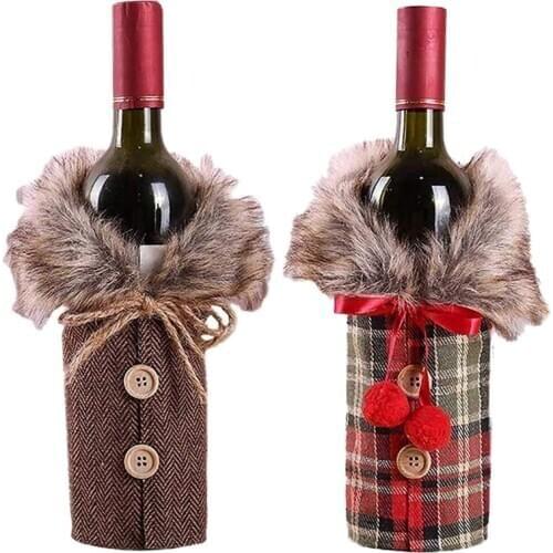 2Pcs Christmas Sweater Wine Bottle Cover, Newest Collar and Button Coat Design Wine Bottle Sweater Wine Bottle Dress Sets Xmas P