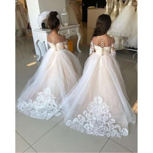 Long Sleeve Illusion Puffy Lace Lovely Wholesale Flower Girl Dress