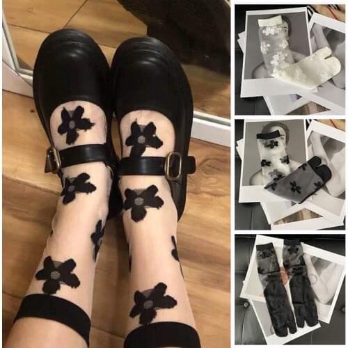 Summer Transparent Women Two-Toed Socks White Black Crystal Silk Cool Toe Socks Flower Hollow Out Sheer Ultra-Thin Tabi Socks