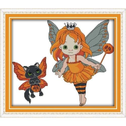 Joy Sunday Halloween Girl DIY Needlework 11CT 14CT Printed Counted Water Soluble Cloth Cross Stitch Kit for Home Decor And Gift