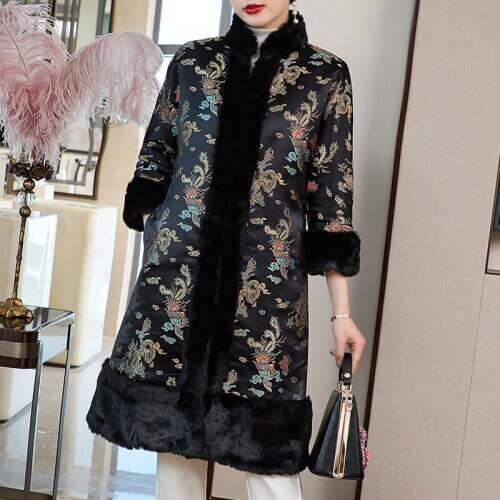 Winter New Chinese StyleWarm And Thick Vintage Stand Collar Mid-Length Loose New Year Cotton Coat Women S-XXL