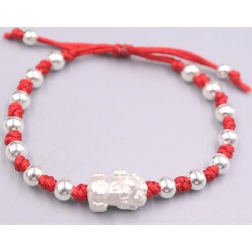 New Pure Solid 925 Sterling Bracelet 13x8mm Pixiu 5mm Beads Link Chain Bracelet 16-20cm