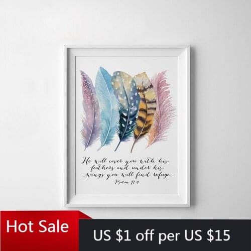 Bible Verse Psalm Poster Canvas Painting Prints Birds Feathers Scripture Christian Quotes Wall Art Poster Aesthetic Room Decor
