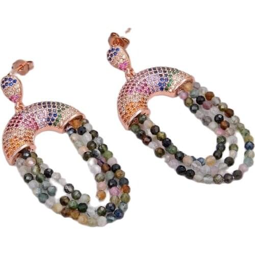 JK Natural Mixed Color Tourmalines Multi Color Cz paved Stud Earrings Luxulry For Women