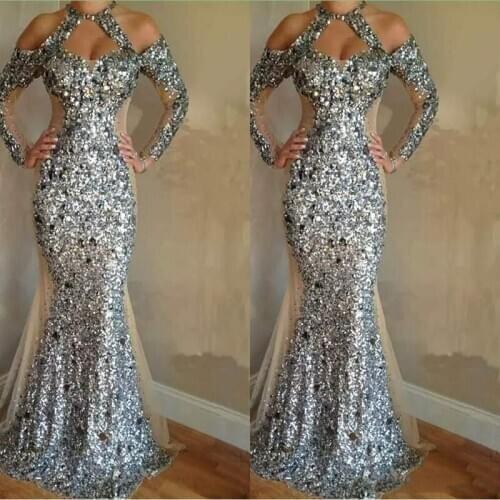 Luxurious Sequin Crystals Mermaid Evening Dresses 2018 Gorgeous Long Sleeve Halter Evening Gowns Unique Design Honorable Prom Dr