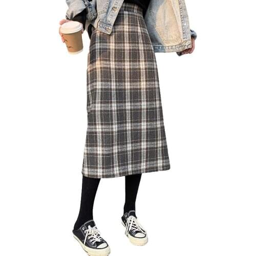 Woolen pencil skirt for women young 2021 new mid-calf straight plaid midi skirt lady high waist vintage A-line long skirt BSQ063