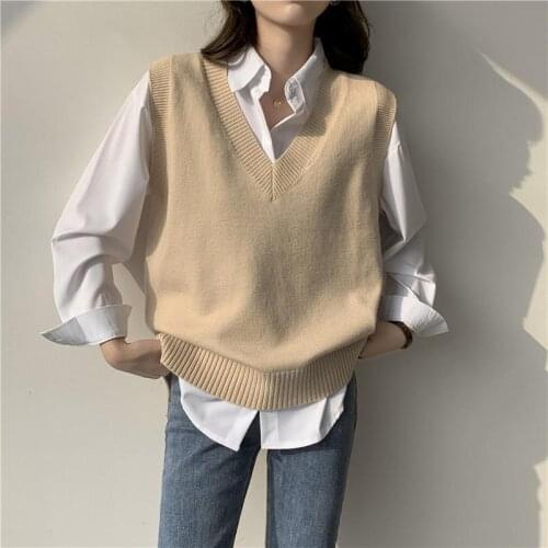 Sweater Vest Women V-neck Solid Simple Slim All-match Casual Korean Teens Chic Fashion Two-piece All-match Sleeveless Female Top