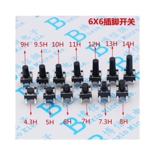 20Pcs Tactile Switch Momentary Tact 6x64.3/5/6/7/8/9/10mm 6*6*4.3mm 5mm 6mm 7mm 8mm 9mm 10mm Middle pin 2pins