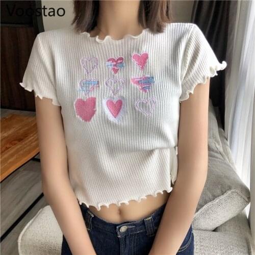 Japanese Sweet O-Neck T-Shirts Summer Women Cute Love Heart Embroidery Knitted Thin Tees Girly Harajuku Kawaii Ruffles Crop Tops