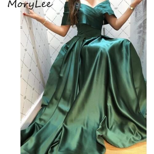 Green Prom Dresses Off The Shoulder A-Line High Quality Satin Pleated Prom Dresses Zipper Back vestidos de fiesta de noche