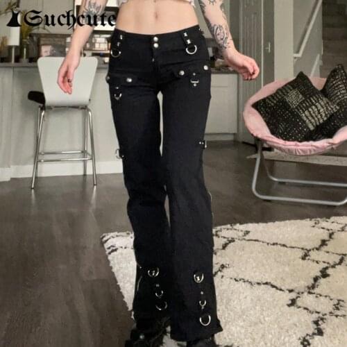 SUCHCUTE Punk Rivets Zipper Black Straight Jeans Gothic Low Waist Women Denim Trousers Aesthetic Streetwear Dark Academia Pants