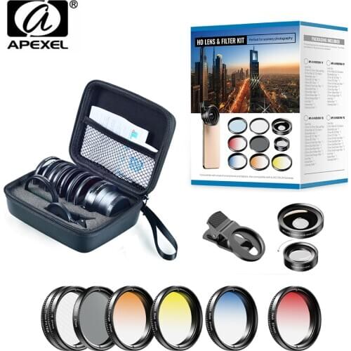 APEXEL 37mm 7 IN 1 Camera Phone Lens Kit Graduate Red Blue Yellow Filters+CPL ND/Star Filters For IPhone Xiaomi