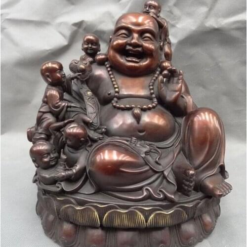 Fast shipping USPS to USA S1573 11" Chinese Pure Bronze 5 Kid Child RuYi Happy Laughing Maitreya Buddha Statue