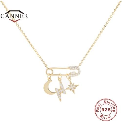 CANNER 100% Real 925 Sterling Silver Luxury Moon Star Safety Pin Pendant Zircon Necklace For Women Fine Jewelry Gift Collares