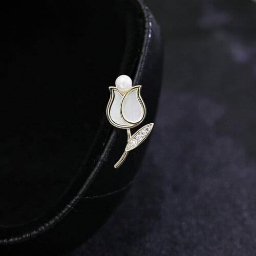 Zircon Shell Pearl Rose Flower Brooches for Women Mini Tulip Fashion Pin Elegant Rhinestone Brooch Jewelry High Quality