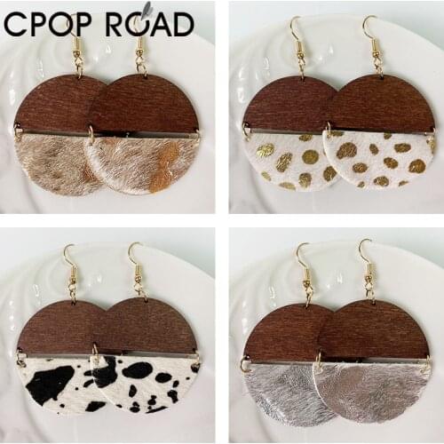 Cpop Splicing Wood Genuine Leather Earrings for Women Horse Hair Leopard Cow Color Round Pendant Dangle Earrings Texture Jewelry