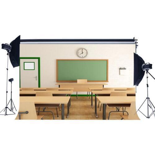Back to School Backdrop Classroom Blackboard Clock Desk Chair Vintage Wood Floor Interior Photography Background