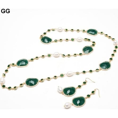 GG Jewelry 38'' Natural White Rice Pearl Green Crystal Chain Long Necklace Pave Hook Earrings Sets Cute For Women