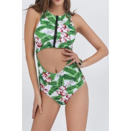 Hot sexy swimwear women one piece zip monokini print floral tankini swimsuits women swimming suit plus size XL C0966