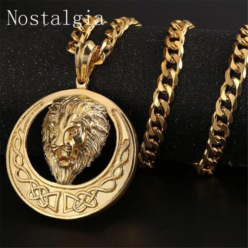 Hip Hop Style round Lion Necklace alloy Africa Lion Gold silver Color Punk Animal Lion Head Pendant Necklace For Men Jewelry