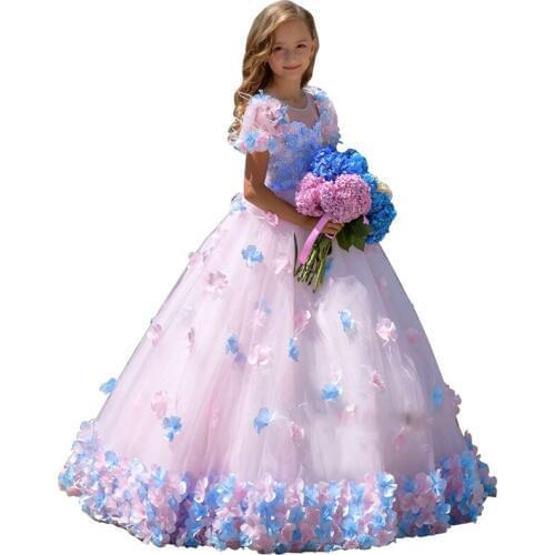 Colorful puffy ball gown flower girl dress for party 3d flowers feather o neck girls pageant dress birthday gown