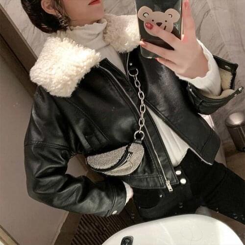 Thick Warm Winter Leather Coat 2020 Women Fashion Black Leather Jacket Fur Collar Short Elegant Ladies Parka Faux Fur Jacket 3XL
