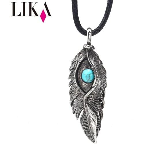 LIKA Alloy Turquoise Eye Feather Antique Silver Plated Pendant Leather Cord Necklace Women Accessories Necklace