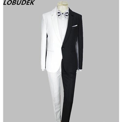 2019 Personality Men Black White Stitching Suits Magician Clown Performance Stage Outfits Nightclub Bar Male Singer Host Costume