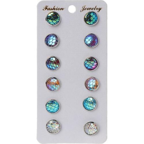 6 Pairs Beauty Scale Round Crystals Assorted Stud Earrings Set Women