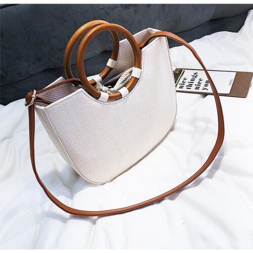 National style new straw bag ring wooden handle handbag shoulder slung woven womens bag holiday beach bag