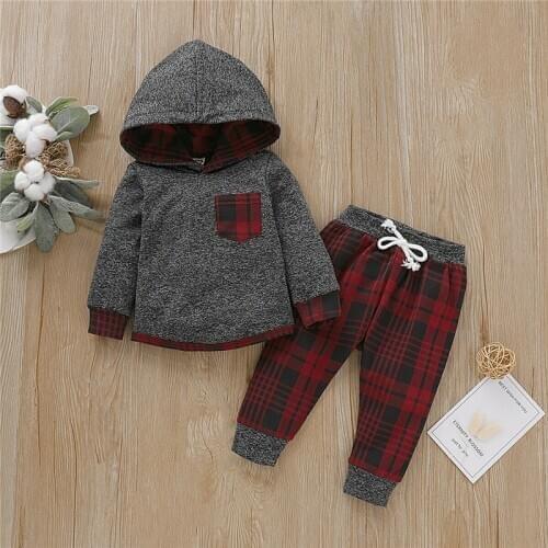 Newborn Baby Boy Clothes Long Sleeve Hooded Tops Plaid Pants 2PCS Set Autumn Winter Causal Warm Outfits