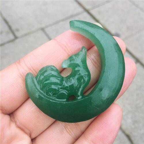 Natural Dongling jade stone Moon nine-tailed fox Pure hand carving pendant crystal jewelry gift 1pcs