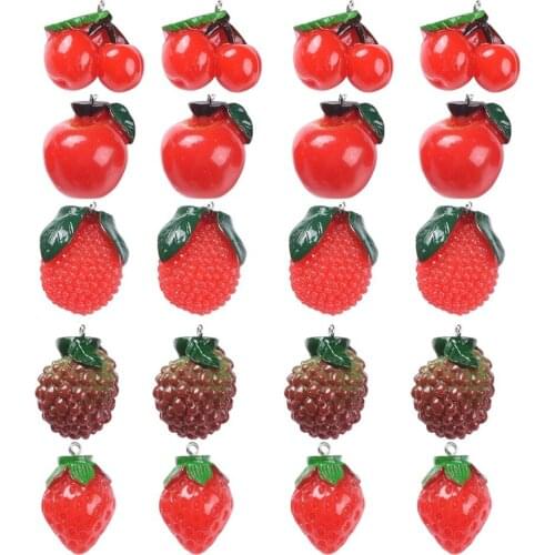 20Pcs Fruit Resin Pendants Strawberry Waxberry Cherry Litchi Red Apple Resin Charms Fit Earrings Keychains Jewelry Making DIY