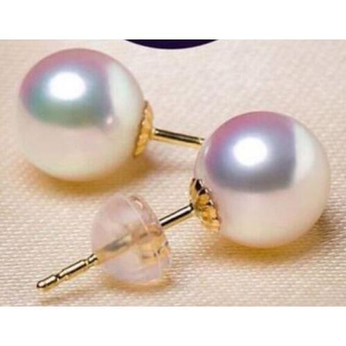 Luxury Noble jewelry charming pair of round 9-10mm akoya white pearl earring drop shipping 14K