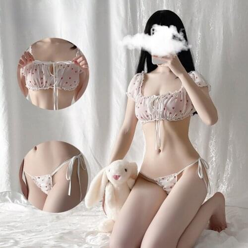 Sexy Bra Underwear Set For Women Kawaii Tube Top With Strap Panties Strawberry Erotic Soft Chiffon Outfit 2021 Summer New
